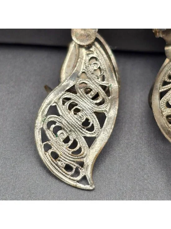 Vintage West German Silver Filigree Clip On Earrings Blue Art Glass 1950s - Picture 7 of 10